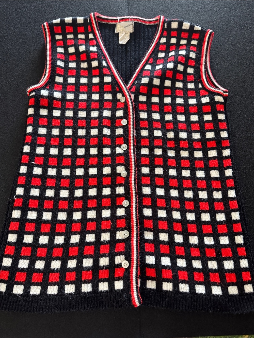 Vintage 70s It's Pure Gould Sidney Gould Sweater Vest Red Black Cream Geometric